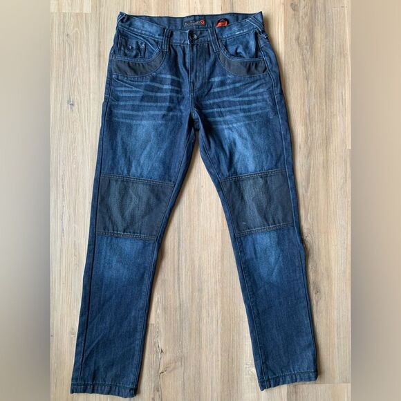 Men's Rocker Jeans By GUESS SLIM CALAN TAPERED BLUE/BLACK DENIM MENS 32x31 EUC - Picture 1 of 12
